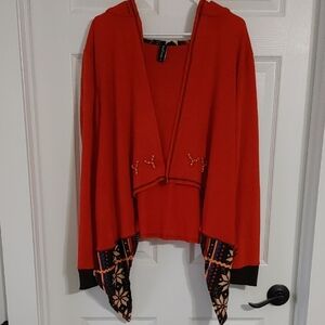 Sacred Threads Orange Hooded Open-Front Cardigan sz Medium w/Aztec Snowflake